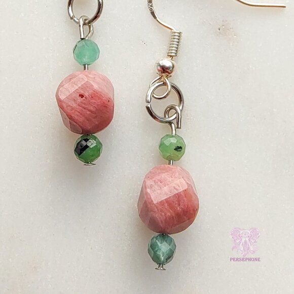 “Eostre” Goddess of Renewal Earrings | Emerald & Rhodonite | Handmade | Boho - Picture 4 of 4
